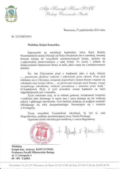 Rekolekcje kapłąńskie - bp Hozer